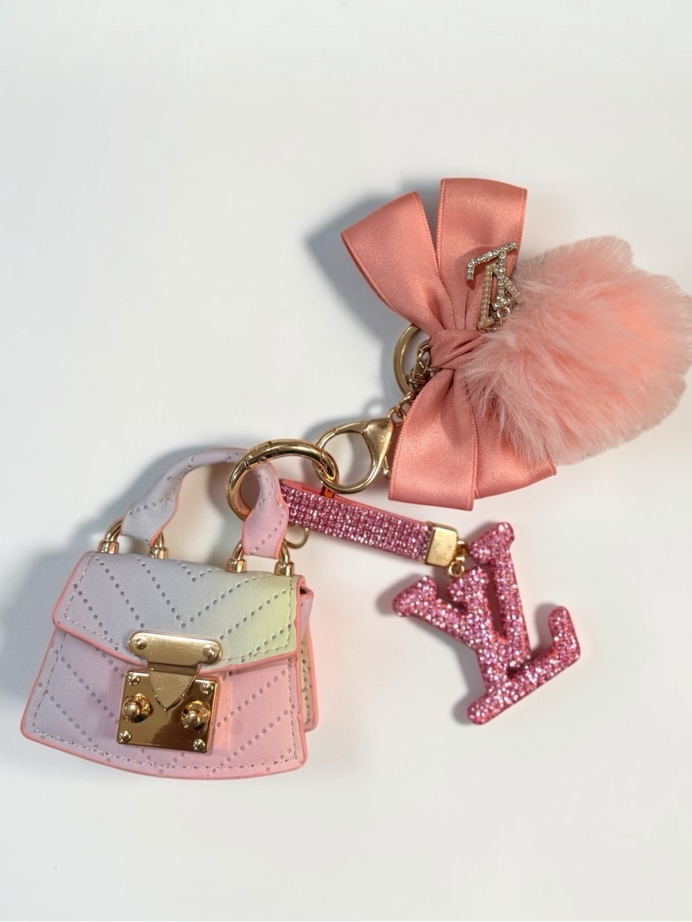 Mini Pink Handbag Charm Keychain w/ Bow Pom Pom & Rhinestone Logo